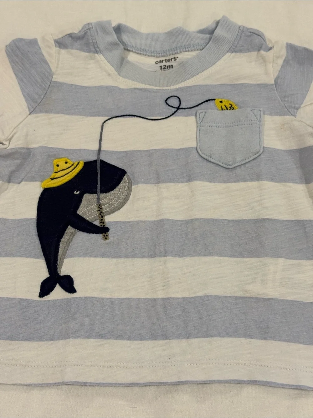 Carter's Light Blue & White Striped Whale Pocket Tee with Yellow Hat Detail